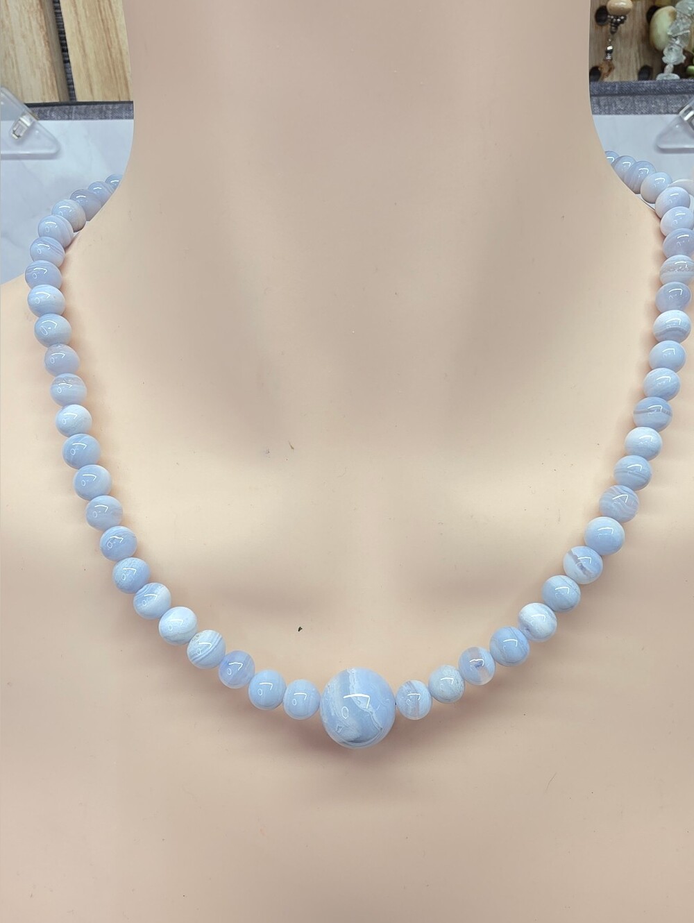 Blue Lace Agate Beaded Necklace 7.8mm 15mm Focal Bead